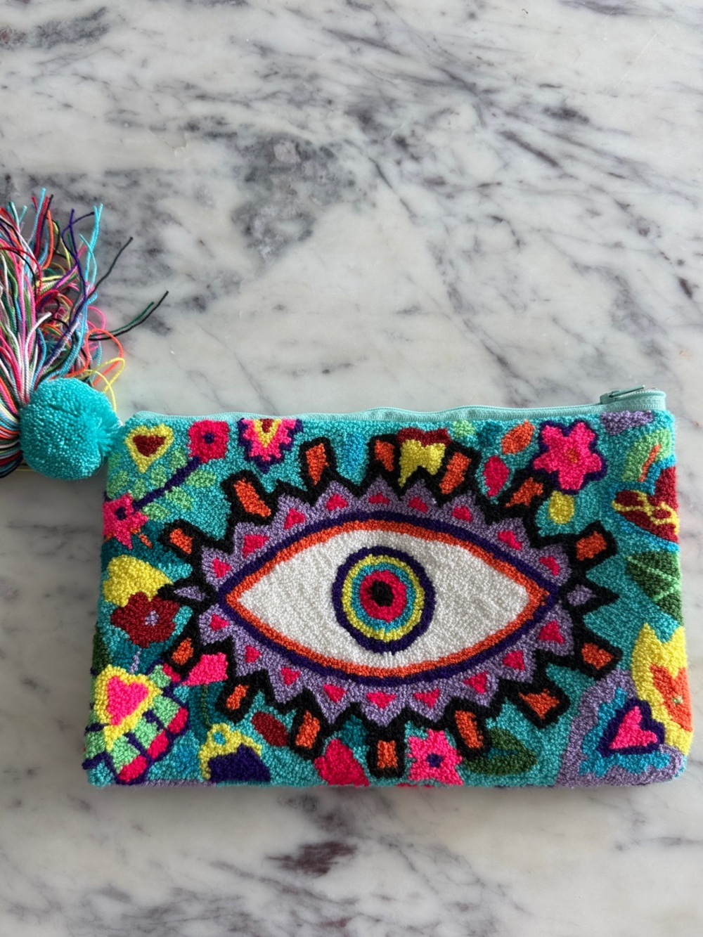 Turquoise Multicolor Embroidered Eye Zip Pouch